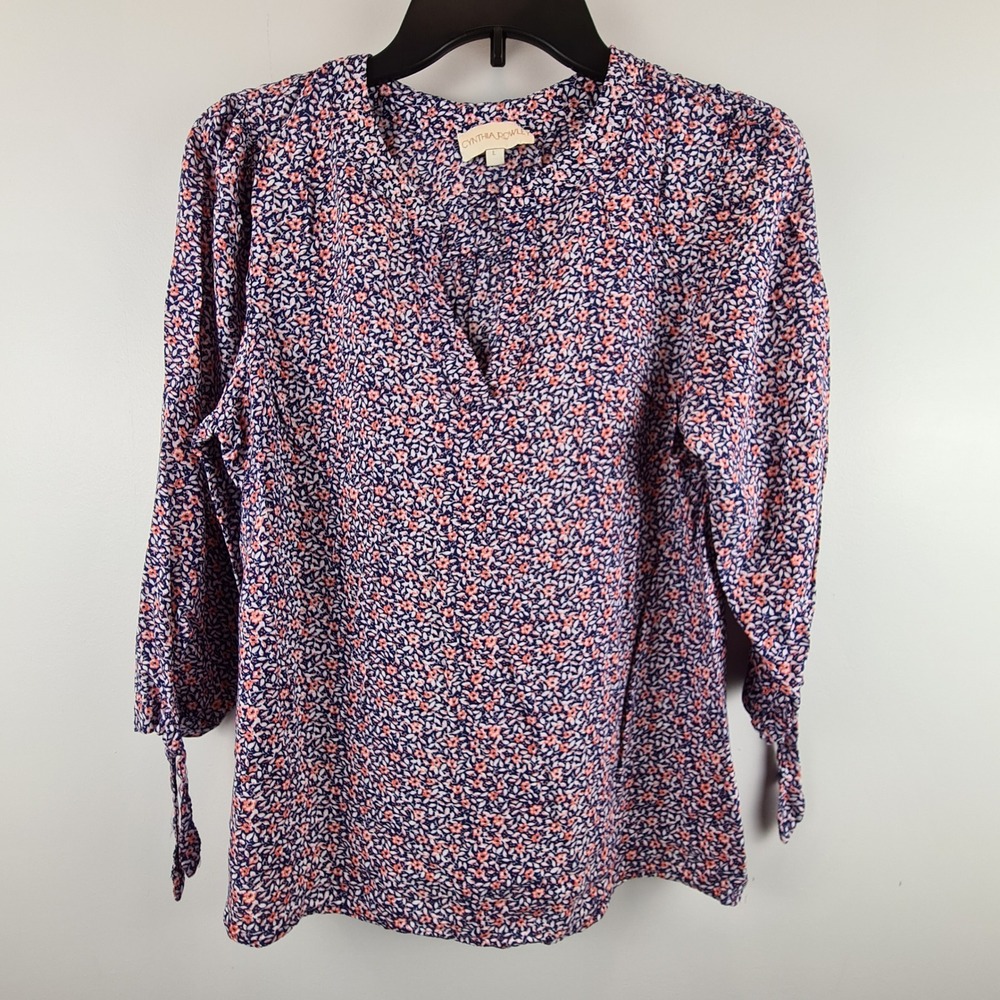 Cynthia Rowley Womens Large Floral V-Neck Blouse 3/4 Tie Sleeve Navy Pink Rayon